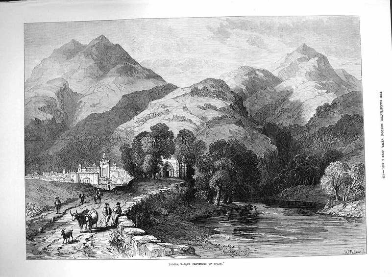 Old Antique Print 1874 View Tolosa Basque Provinces Spain Mountains River 19th