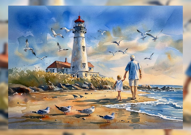 Peaceful Lighthouse Walk 5"x7" Print on Matte Paper | Coastal Family Art gallery