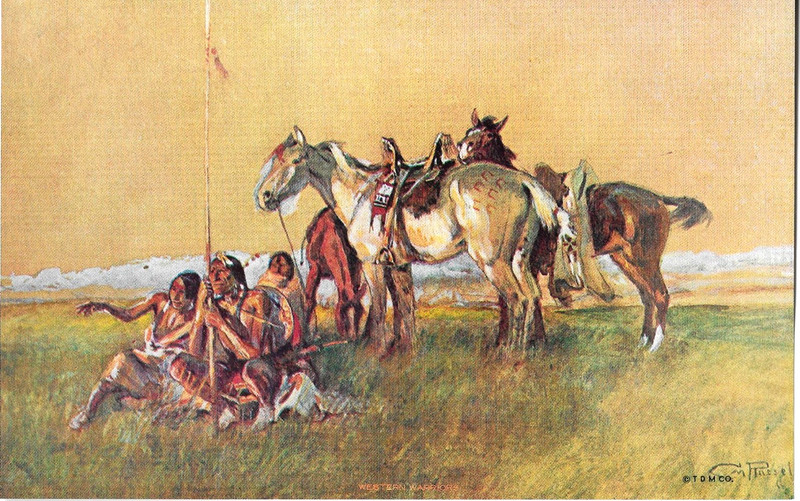 C. M. Russell Indians Horses WESTERN WARRIORS 9×5 3/4 Sample Print VTG FREE SHIP