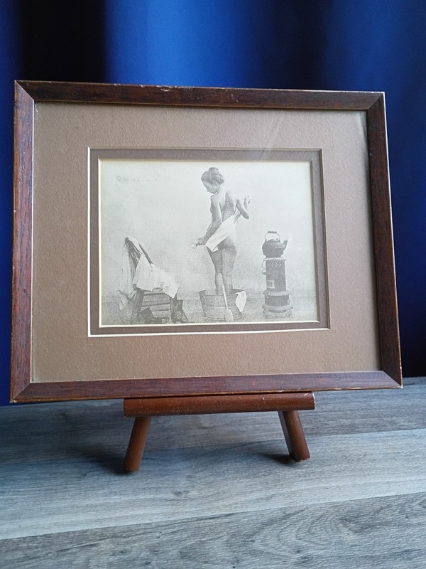 Framed Sepia Risque Vintage Print Woman Bathing Nude R. Hendrickson Wood Frame
