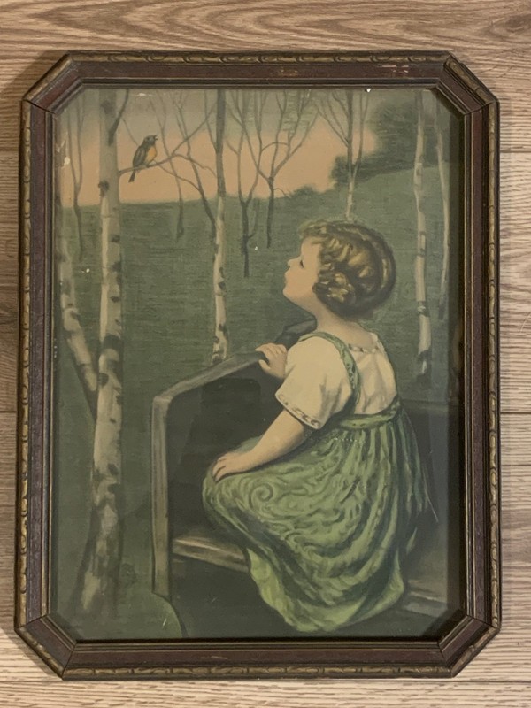Vintage Framed Child Bird Birch Tree Scene Print 14×18 Cottage Art
