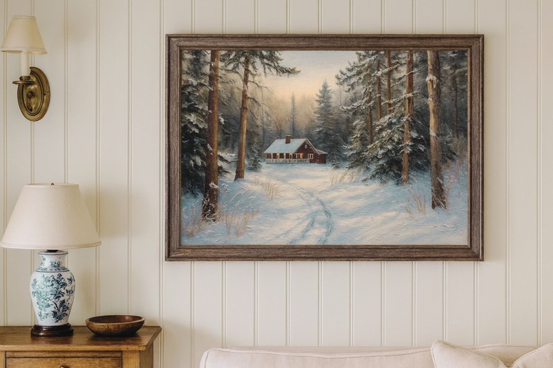 Winter landscape with pine trees oil painting 8x10 Print