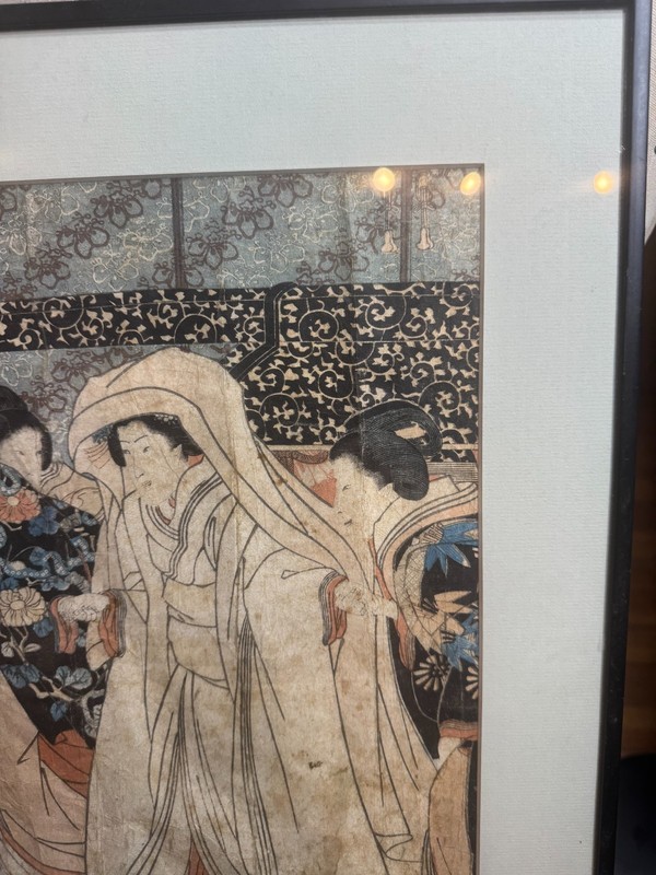 Antique Utagawa Kuniyoshi Bride Changing Clothes Woodblock Print Framed VG 18x14 gallery