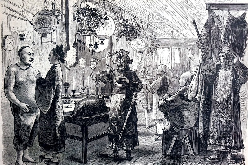 Royal China Theater 1878 ACTORS BACKSTAGE SUPPER SPREAD Matted Antique Engraving