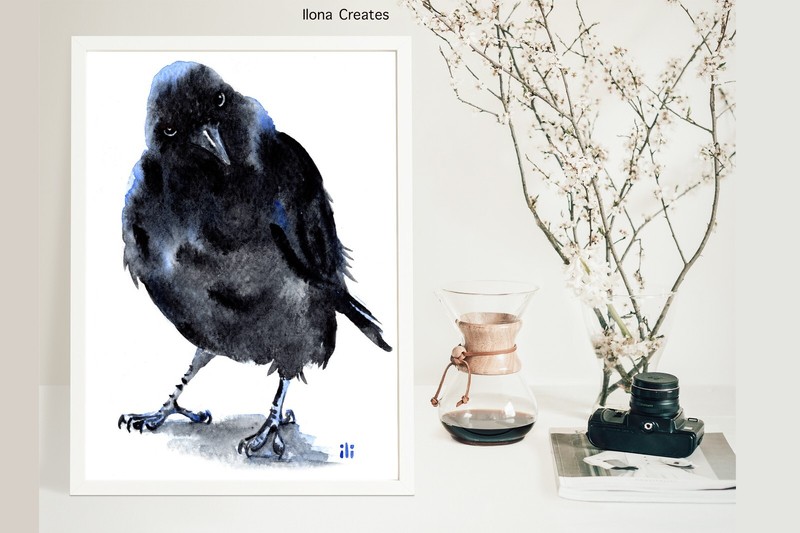Watercolour Jackdaw Bird Painting Print from Original by ili