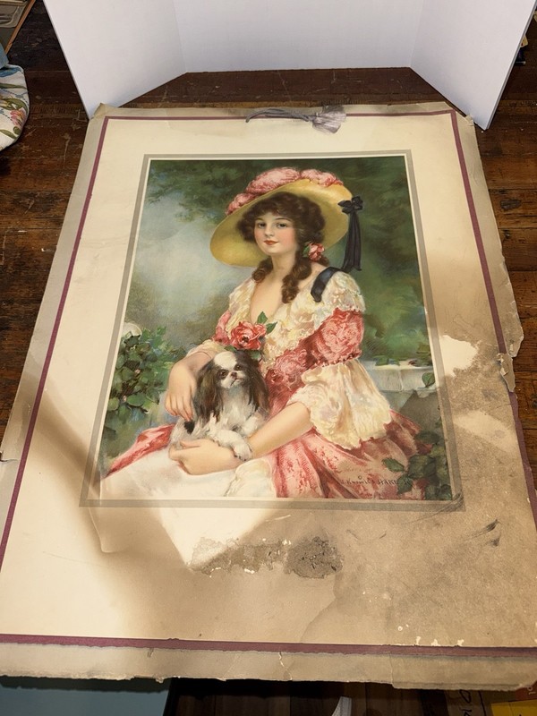 Vintage «KNOWLES HARU»chromolithograph Print Lady &dog 25 In L 19 In W