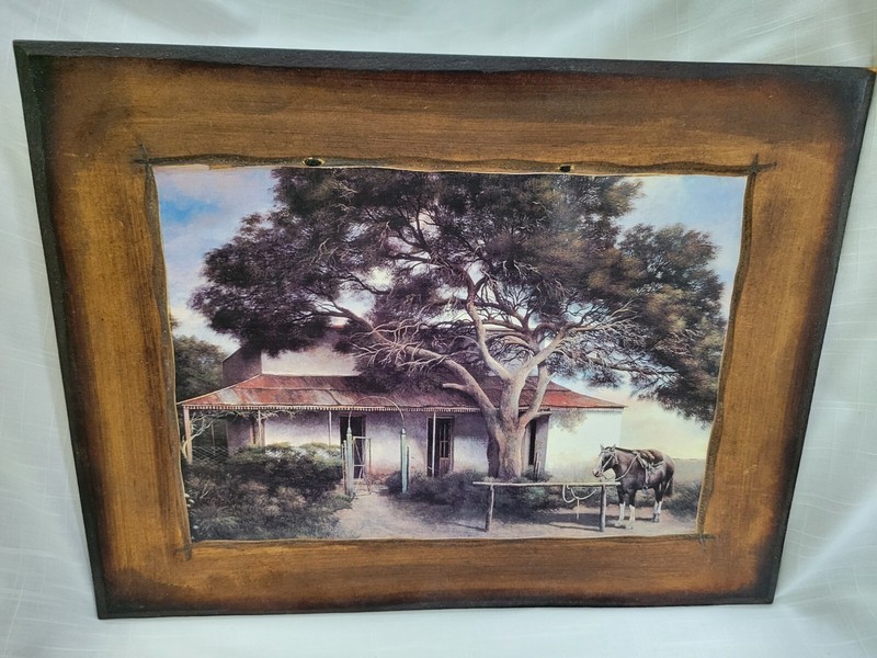Vntg Southwest Colorized Print Photo Donkey Adobe Home Wood Western Cowboy Decor