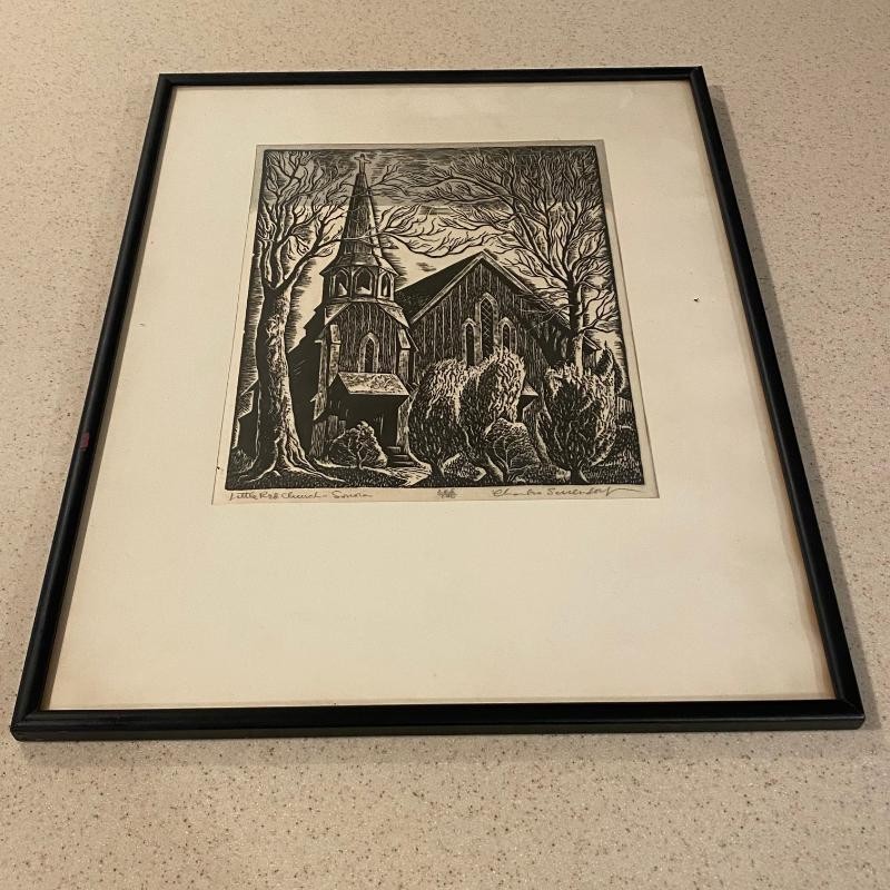 Charles Surendorf Little Red Church Sonora Signed Pencil Linocut Original