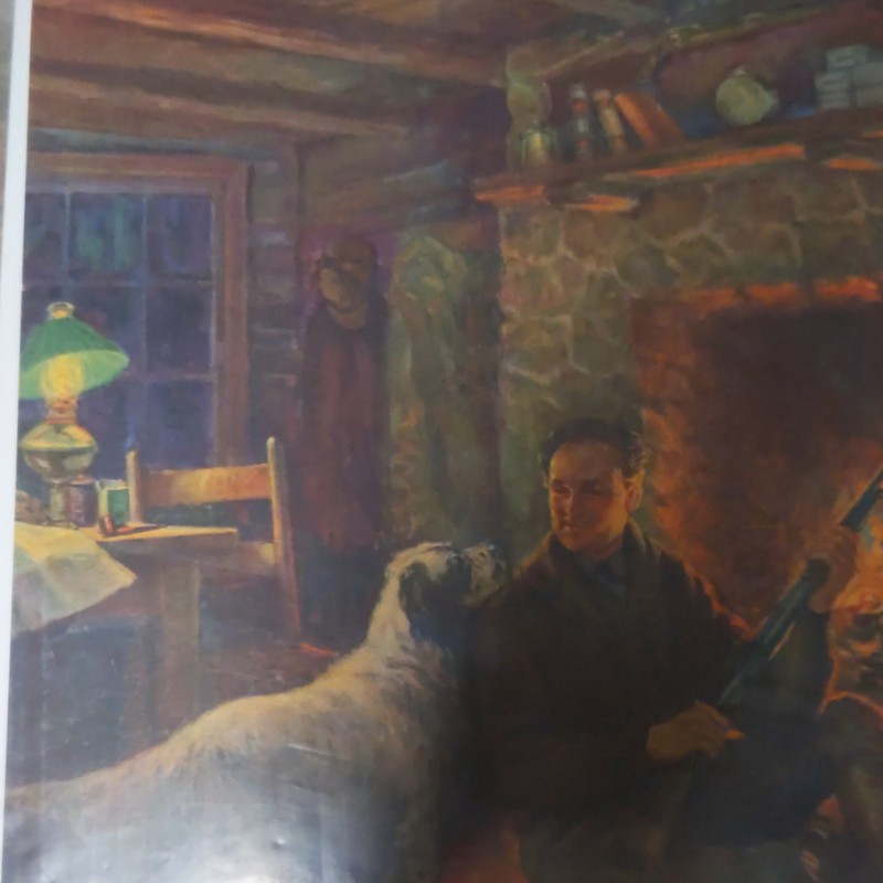 Realism Art Print Man Dog Fireplace Cabin Nature Animals Western Portrait