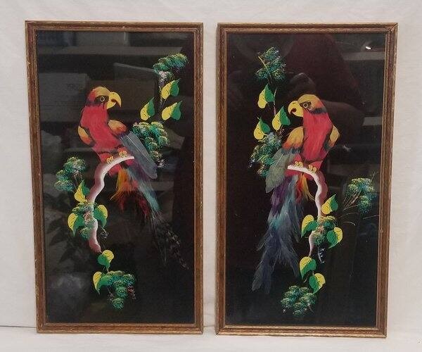 2 x MCM Feathered Bird Art Prints 1950s-60s Folk Art 10″x18″