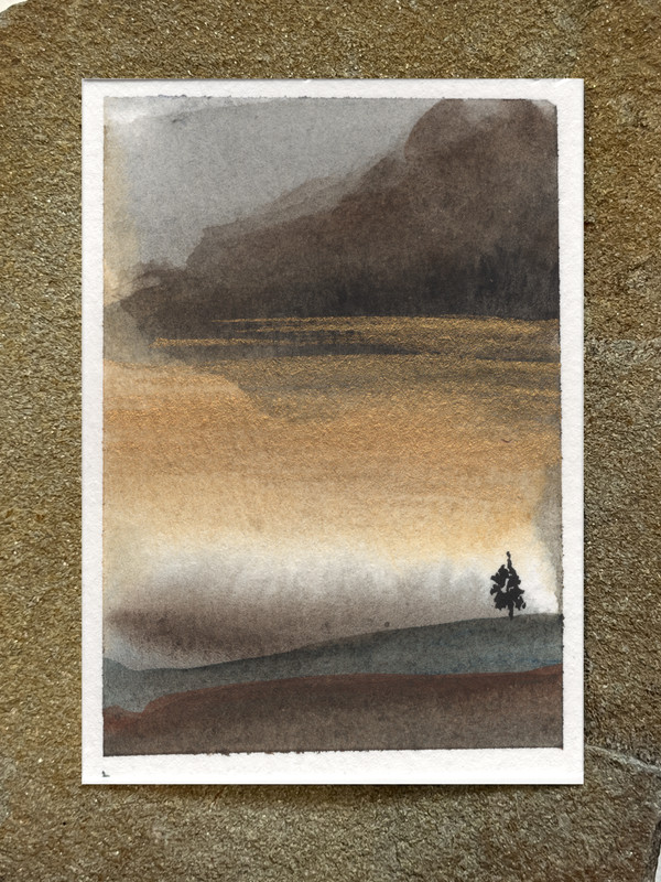 ACEO Original Watercolor Gold Metallic Mountain Mist Lone Tree Atmospheric Lands gallery