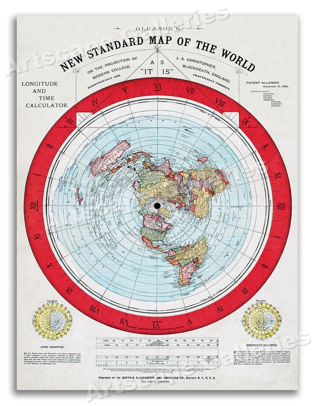1892 Flat Earth Map – New Standard Map of the World – 18×24