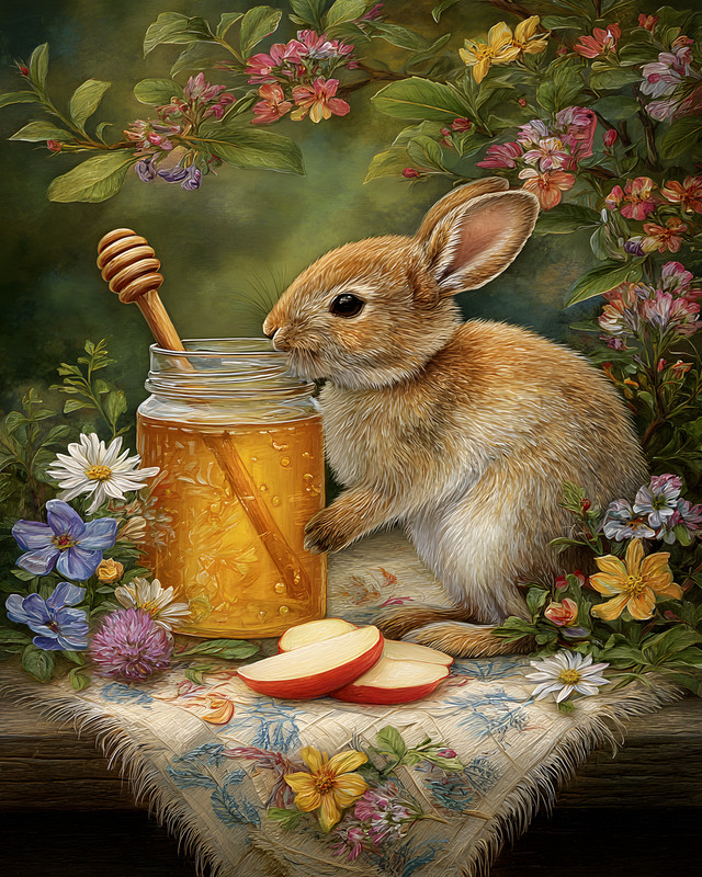 8×10 Cozy Storybook Bunny with Jar of Honey Art Print Cottagecore – 412012797