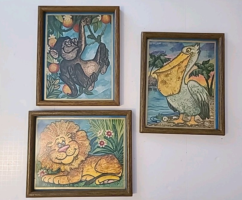 Vintage MCM 70s 80s Framed Wall Art Set Animals 9×11