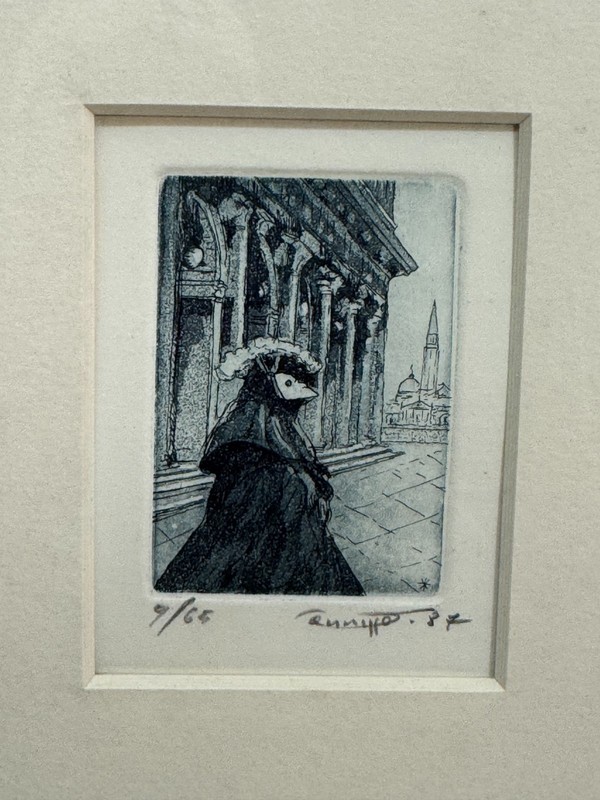 SMALL ETCHING SURREAL MASK FIGURE PARIS / ITALY FRENCH ITALIAN ARCHITECTURE 1987