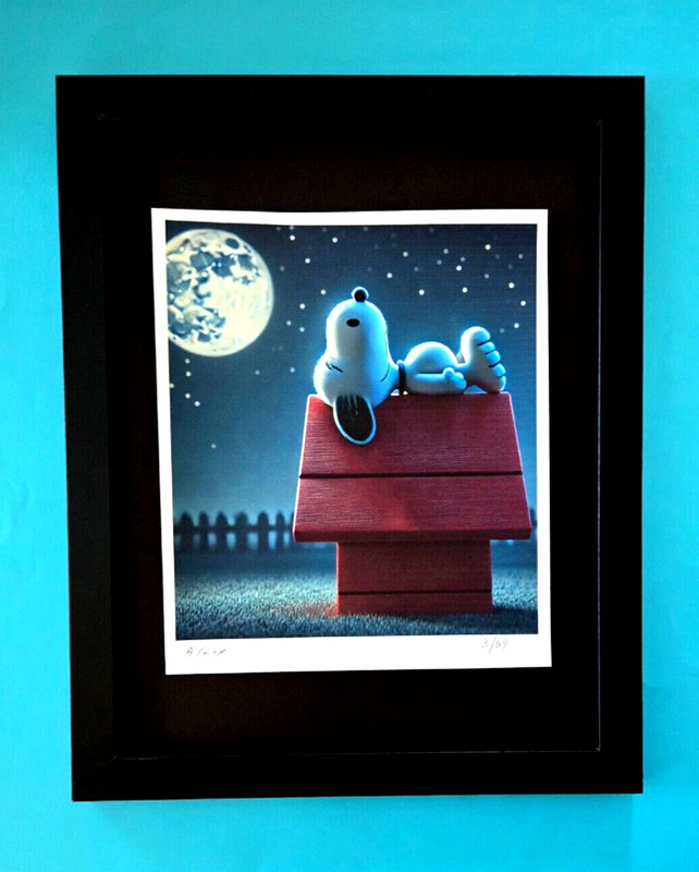 AIDAN FLUX Hand Signed Authentic Print 14x11in. Framed Snoopy Dreaming | COA