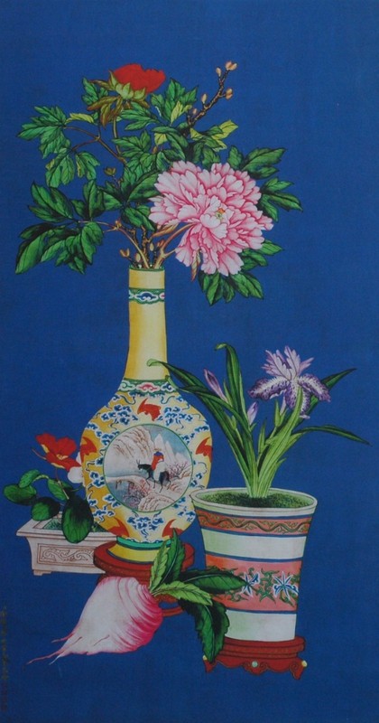 Beautiful Vintage Museum Reprint Chinese Floral Scroll by Xu Yang & Lang Shinin