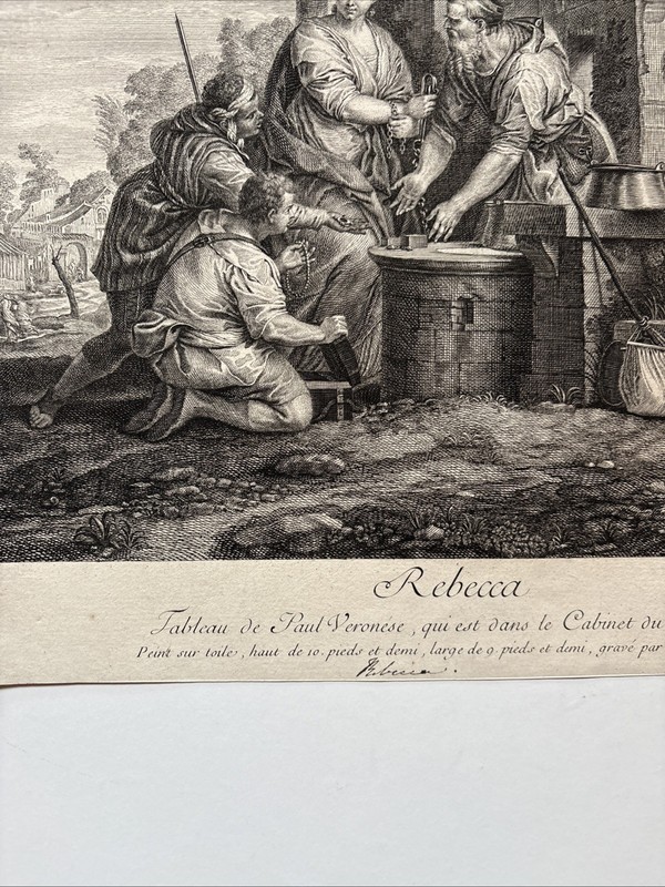 Antique biblical scene of Rebecca at the well Camel Engraving Jean Moyreau 1742 gallery