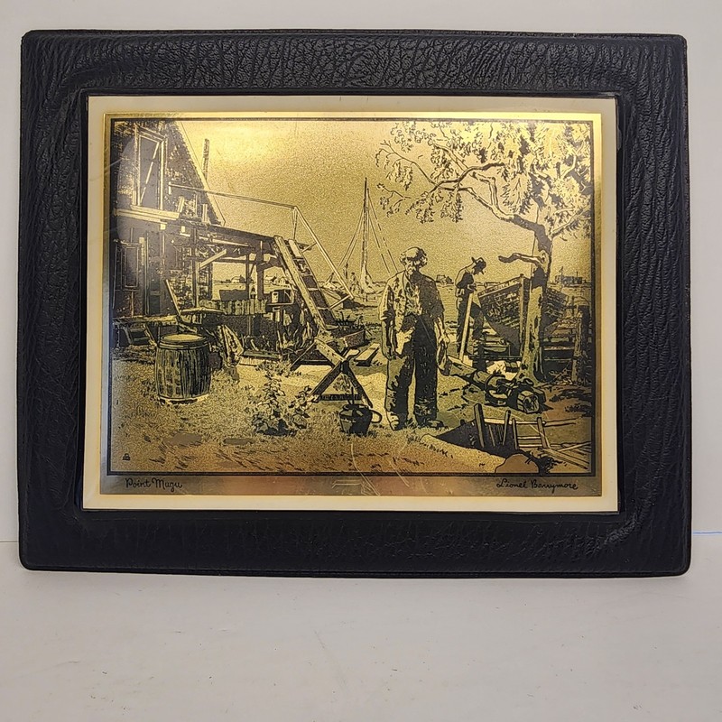Vintage Gold Foil Art Prints by Actor Lionel Barrymore Point Mugu Leather Frame
