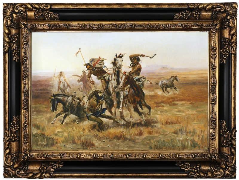 Russell When Blackfeet and Sioux Meet Wood Framed Canvas Print Repro 12×18