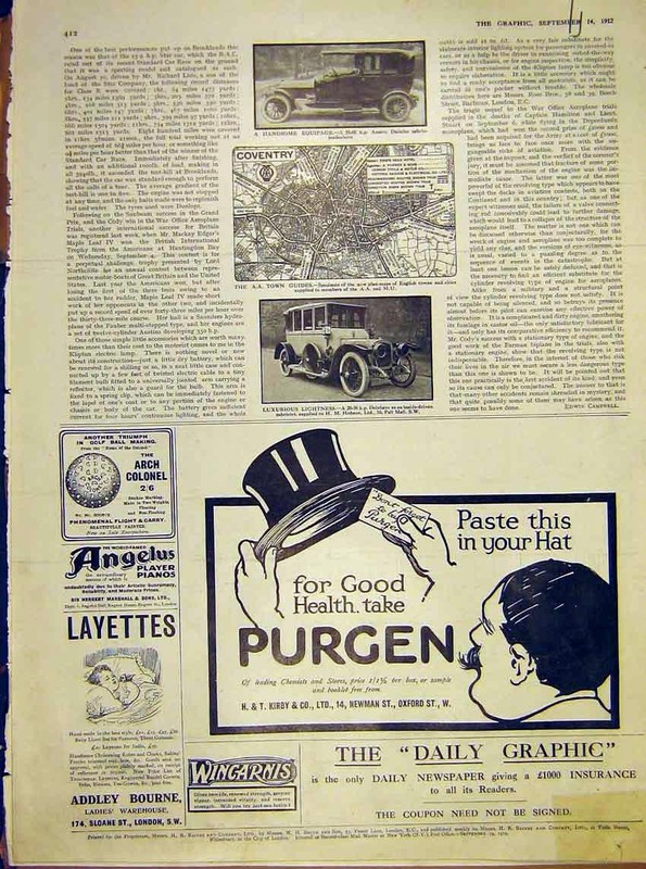 Original Old Antique Print Motor-Car Cadillac Lisle Daimler Peugeot Napier 1912 gallery
