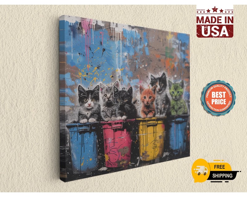 Canvas Print Cute Kittens Street Art Graffiti by Banksy – Grunge Home Decor