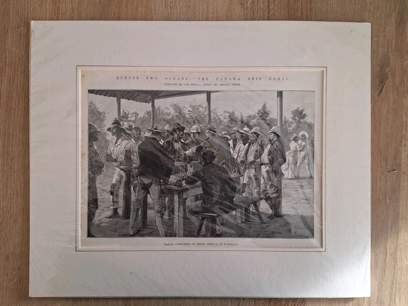 Old 19th C Print Etching Of Panama Canal Workers USA 35 X 27 Cms