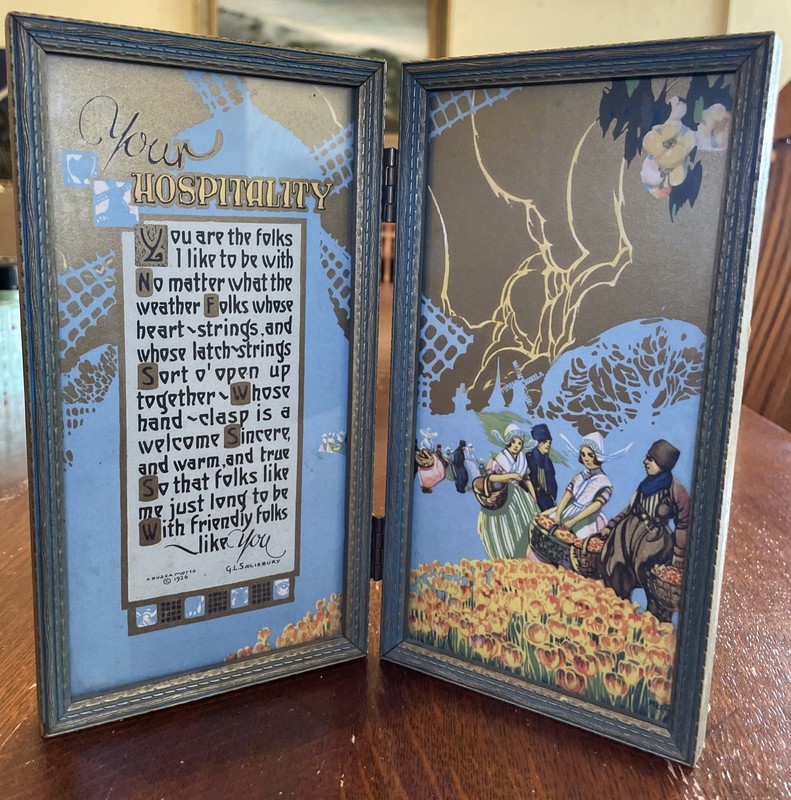 ANTIQUE BUZZA MOTTO 1926 HOSPITALITY DIPTYCH FRAMED VINTAGE PRINT FRIENDS POEM