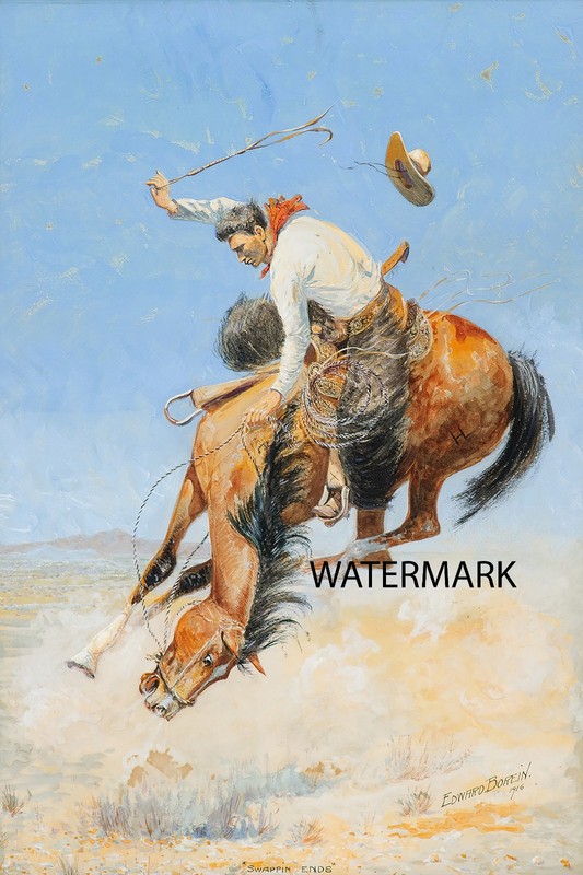 John Edward Borein Cowboy Bucking Bronco Swapping Ends 17×26 Matte Paper REPRO