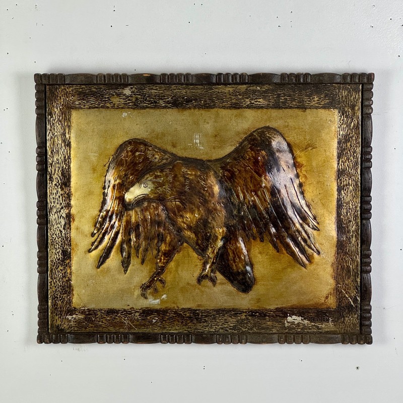 Vintage Signed/Dated MCM Repoussé Metal Art Work of Eagle In Flight, Wood Frame