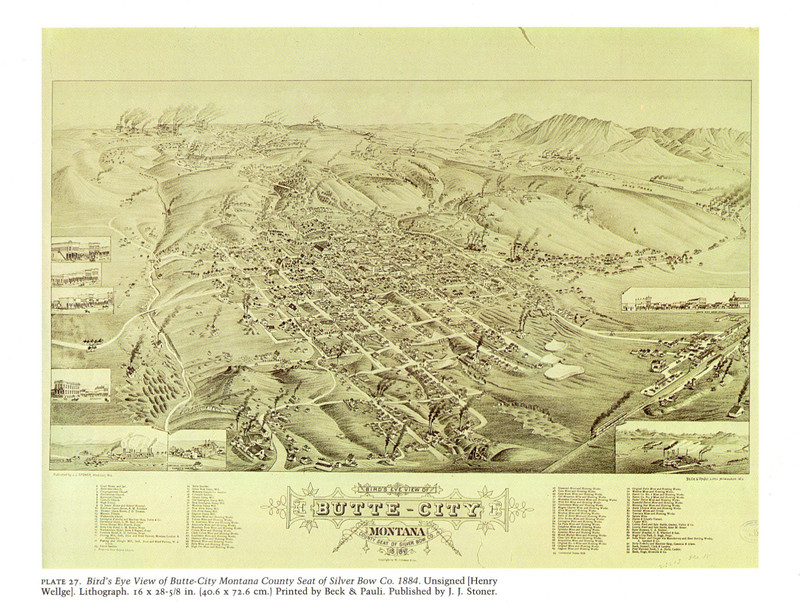 1976 Vintage CITY "BIRDS EYE VIEW BUTTE MONTANA (1884)" Color Art Lithograph
