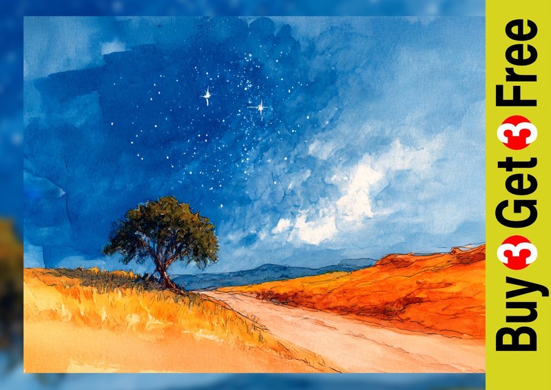 Starry Dreamlike Desert Landscape 5″x7″ Print on Matte Paper | Watercolor Art