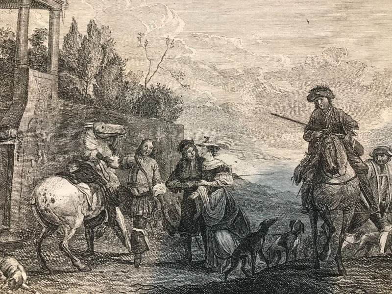 ORIGINAL DUTCH 1761 PRINT BY ROBBERT MUYS FROM PAINTING BY PHILIPS WOUWERMAN gallery