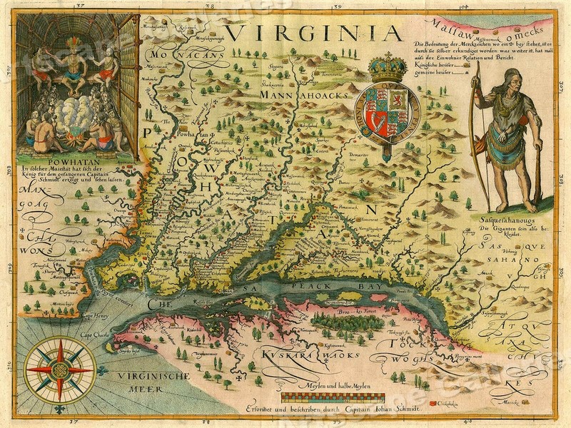 1620s “Virginia” Vintage Style Early Colonial America Map – 20×28