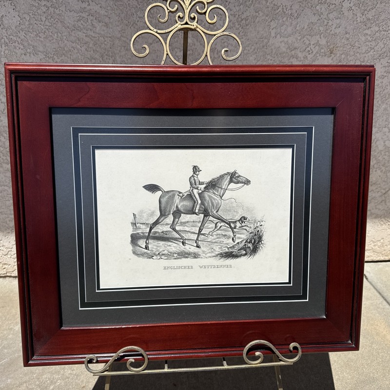 Print of an English Race Horse Hunting Dog Matted Framed Under Glass 21.5×25.5”