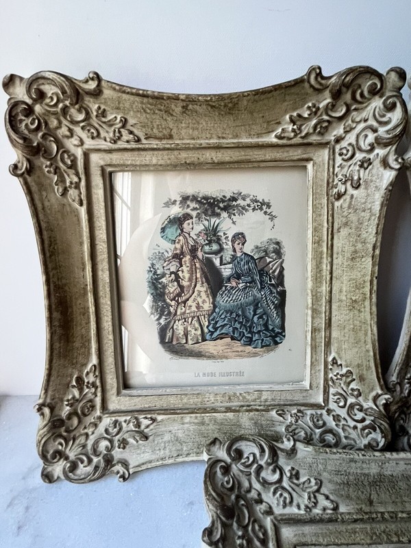 Antique La Mode Illustree Paris Fashion Prints Fabric Dresses Ornate Frame Set 3 gallery