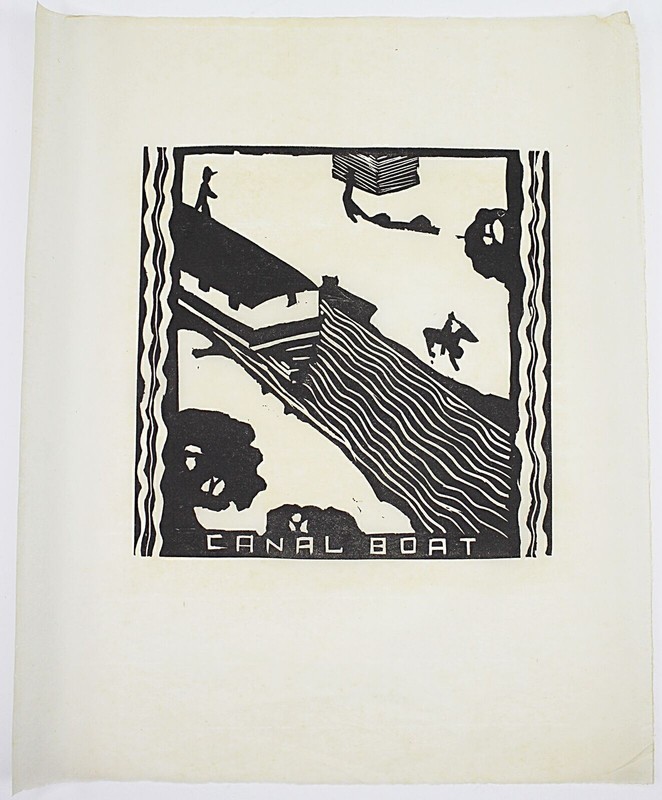 Primitive Folk Art Tile Cut on Paper ca1925 CANAL BOAT 11″ x 14″ overall