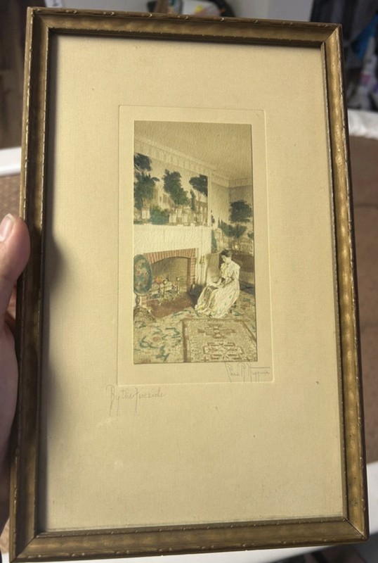 Vintage Framed “By the Fireside” Print by Chas Higgins