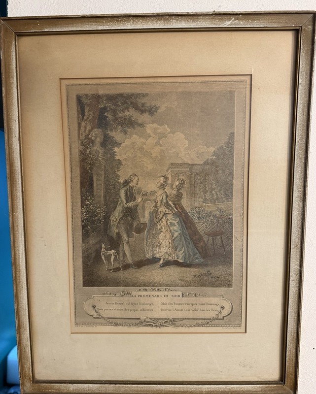 French Lithograph Engraving La Promenade Du Soir Framed 20×14