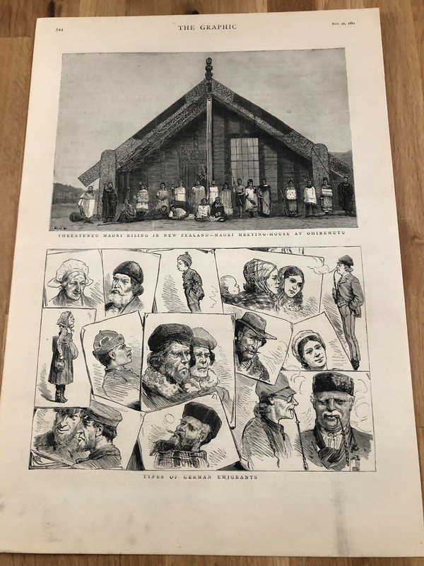 1881 print from the graphic . maori meeting house chinemutu & german emigrants