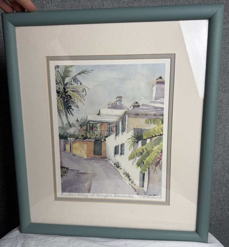 Vintage Printer’s Alley St George Bermuda Caribbean Watercolor Signed C. Holding