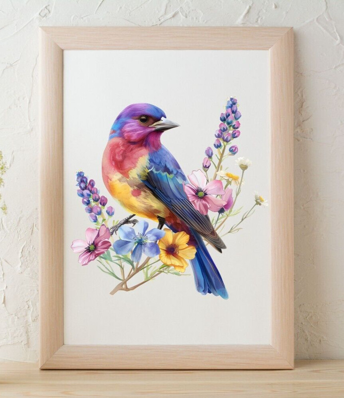 Colorful Bird Art Print, Bird on a Branch and Flowers Wall Art Decor, Nature
