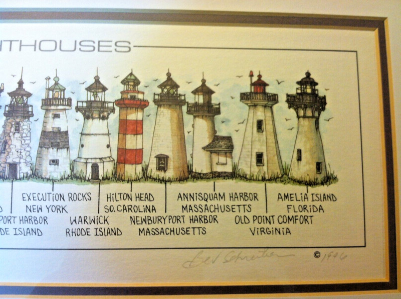 1996 🔥BEV SCHREIBER🔥 Lithograph Print Short East Coast Lighthouses SIGNED Art gallery