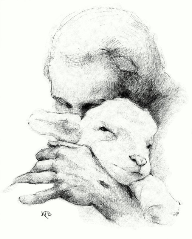 Jesus and the Lamb Print 11 x 14 Charcoal Sketch on Parchment