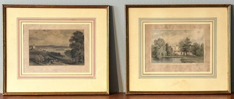 Set of 2 Antique Landscape Engravings – 19th c. – Framed Architectural Views