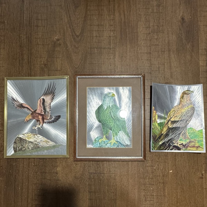 3 Vtg Foil Art Pictures Golden & American Bald Eagle (2~Framed 1~Matted) in VGC