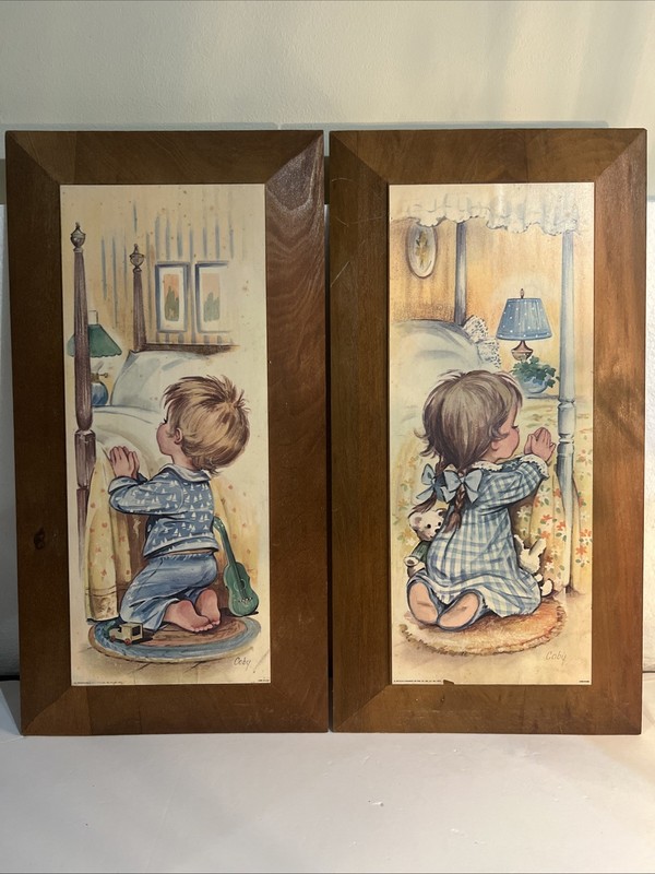 Vintage Prints 1979 Lithograph Pair Wood Girl Boy Praying Bedtime Coby Pictures