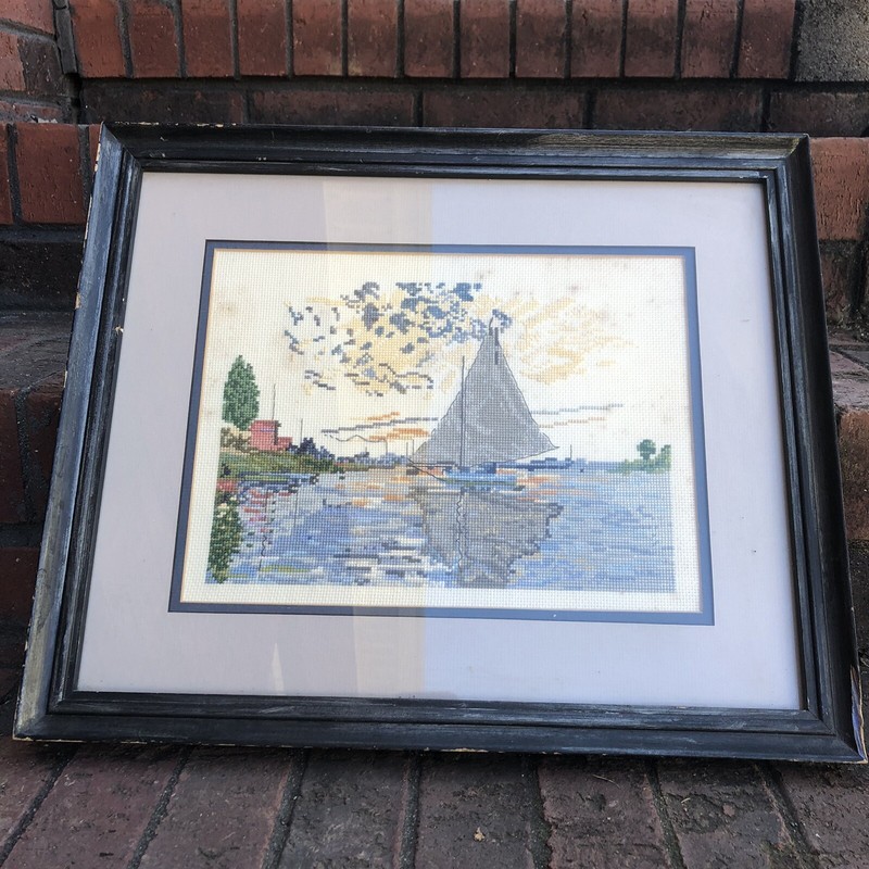 claude monet sailboat at le petit needlepoint framed vintage handmade
