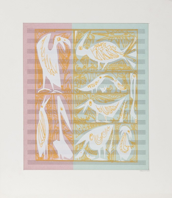 Walter Spruyt, Birds, Lithograph on thin colored paper, signed and dated in penc