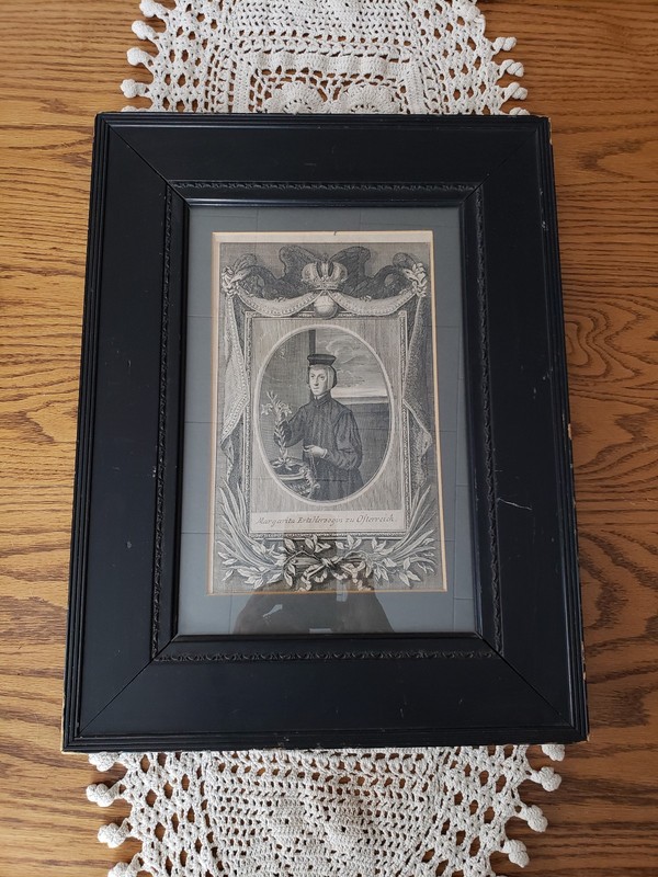 Antique 1721 Laid Paper Copper Engraving Framed Margarita Erzherzogin Osterreich